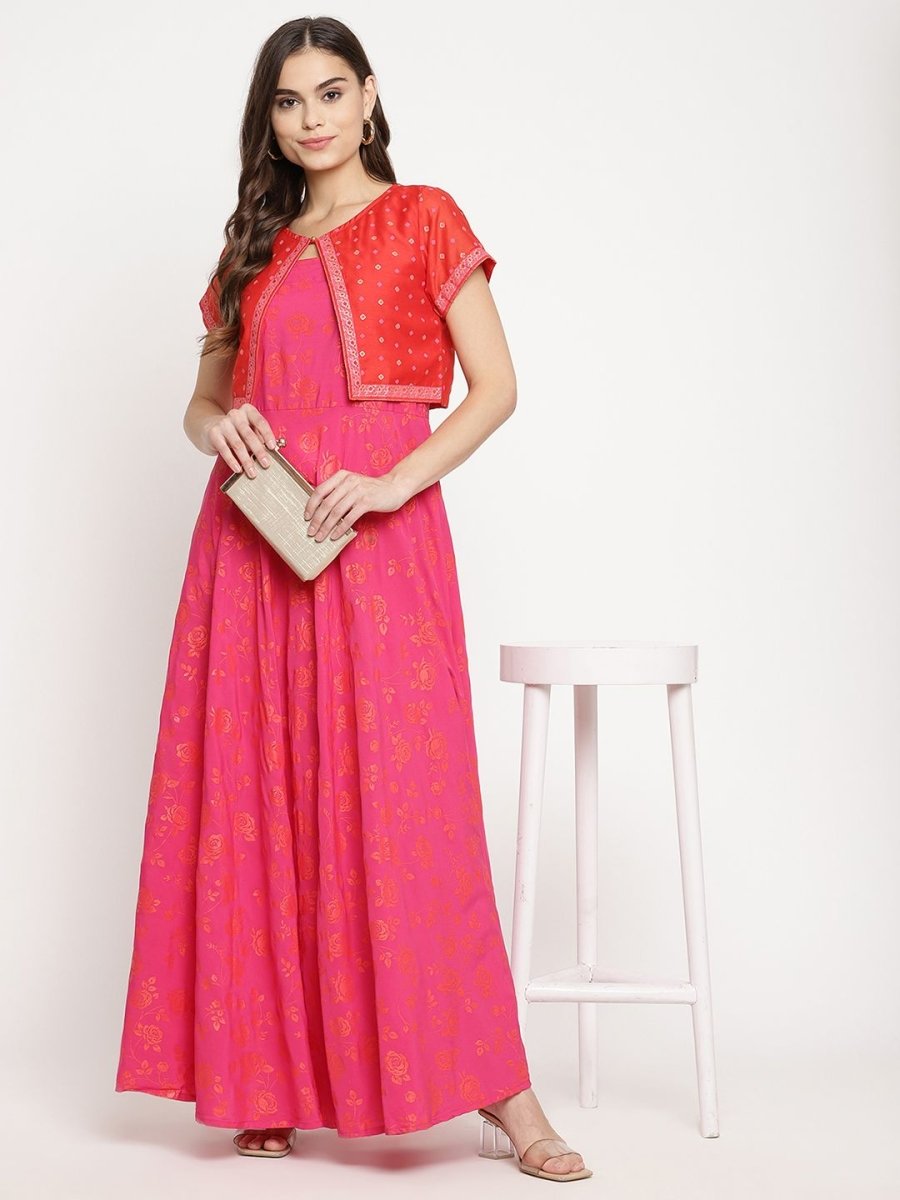 Ahalyaa Pink Crepe Orange khari Print Kurta with Jacket | Swadesiicart