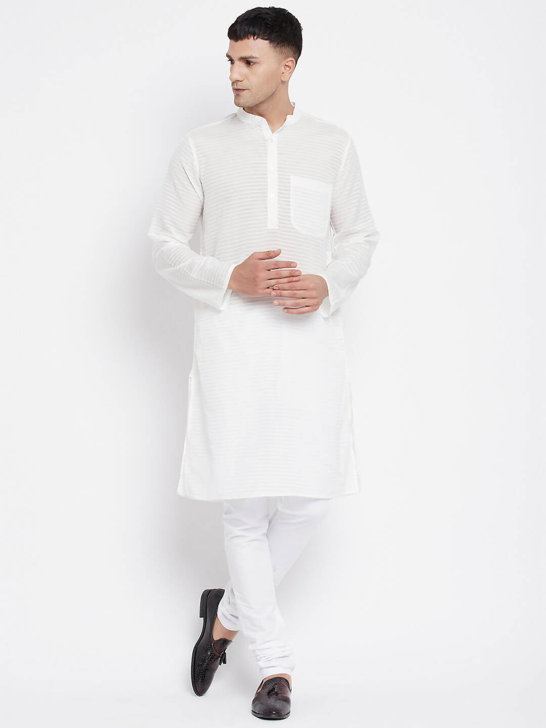 Even Apparels Pure Cotton Men's Kurta With Band Collar in White Color | Swadesiicart