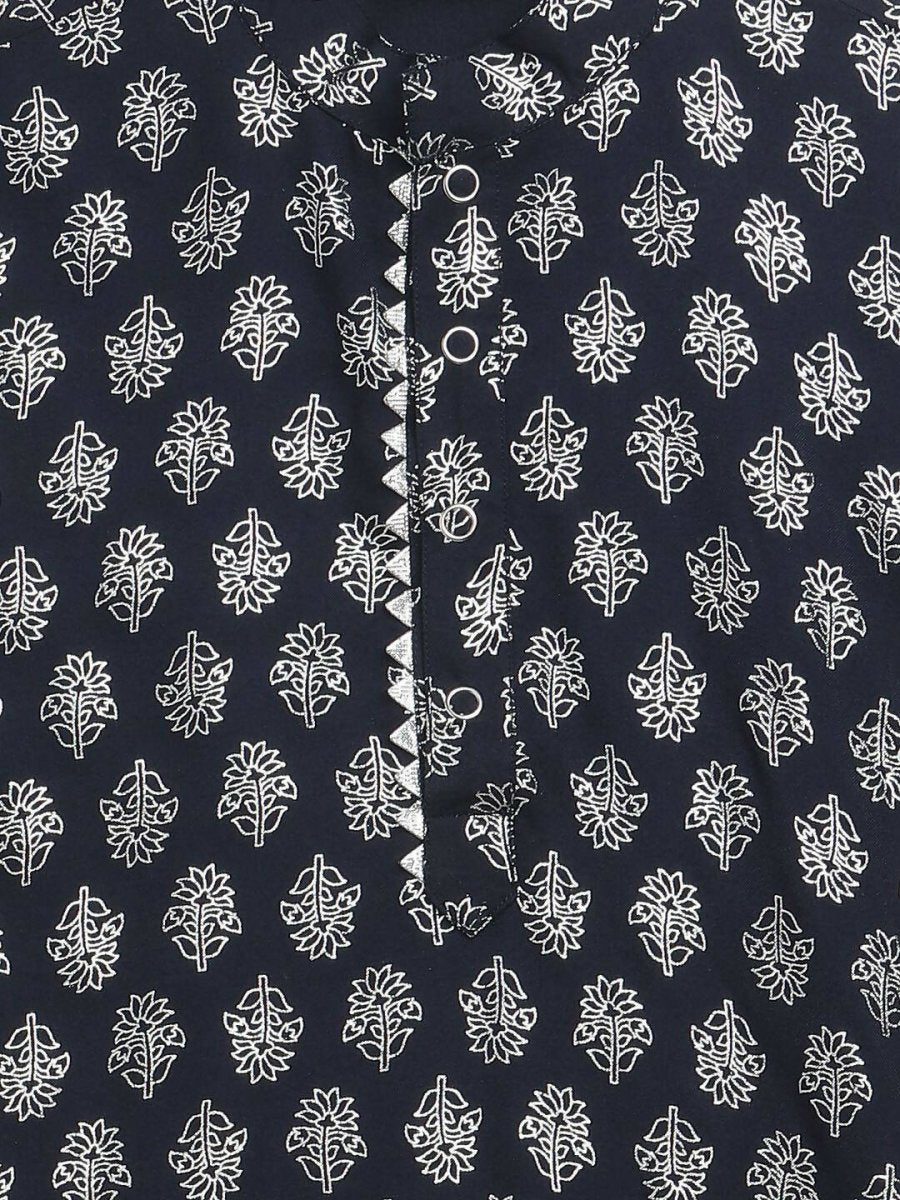 Ahalyaa Navy Blue Poly Rayon Silver Foil Print Kids Kurta Churidar Set For Boys | Swadesiicart