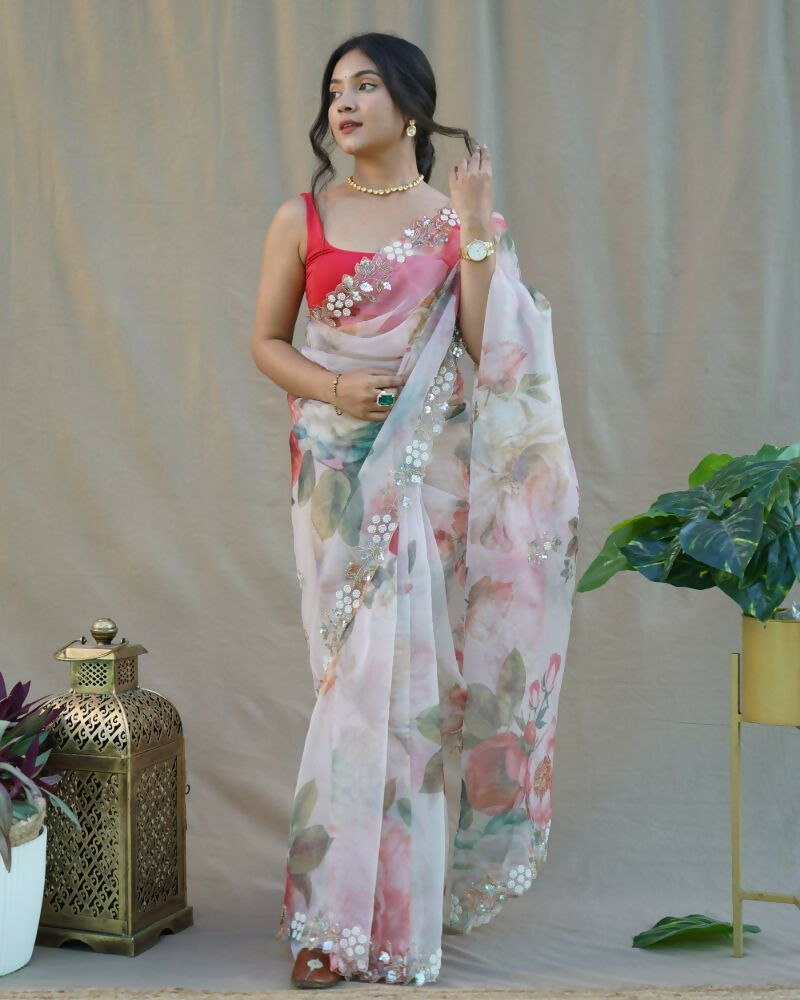 Vamsee Sarangi White Organza Saree - Swadesiicart