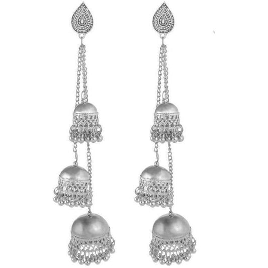 MS Fashion India Silver Color Oxidized Traditional Wear Hanging Three Jhumkas Earrings | Swadesiicart