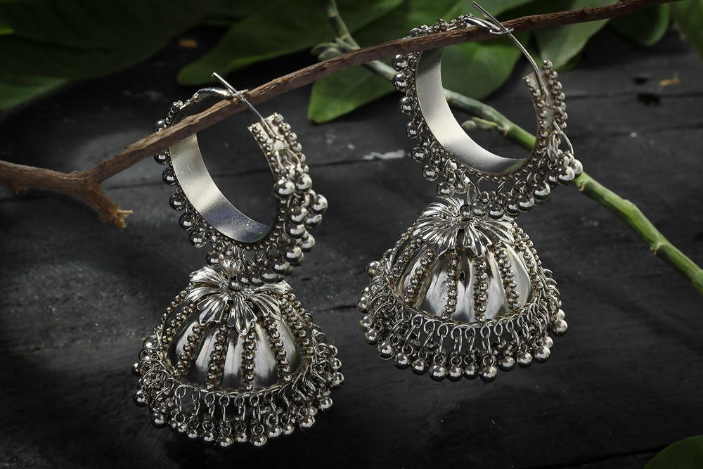 Mominos Fashion Johar Kamal Oxidised Black-Plated With Ghungroo Jhumkas - Swadesiicart