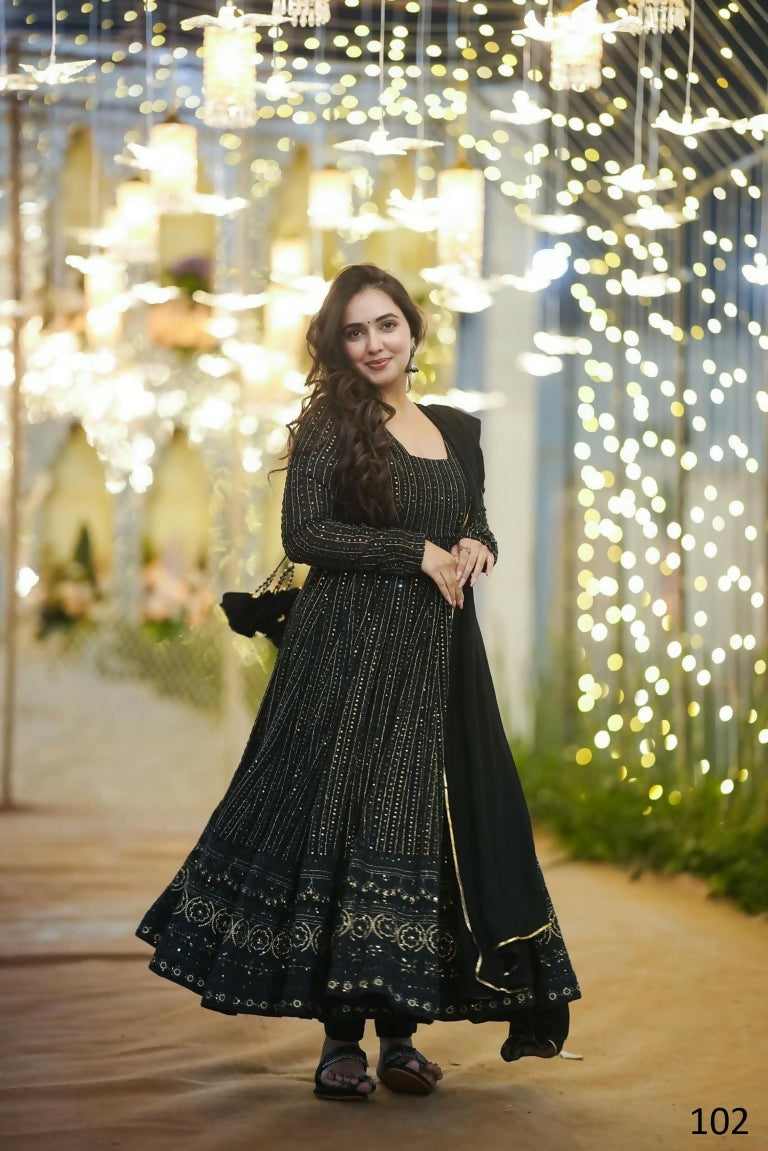Jyoti Fashion Women's Black Faux Georgette Zari Embroidery with Sequence Anarkali Dress with Dupatta | Swadesiicart