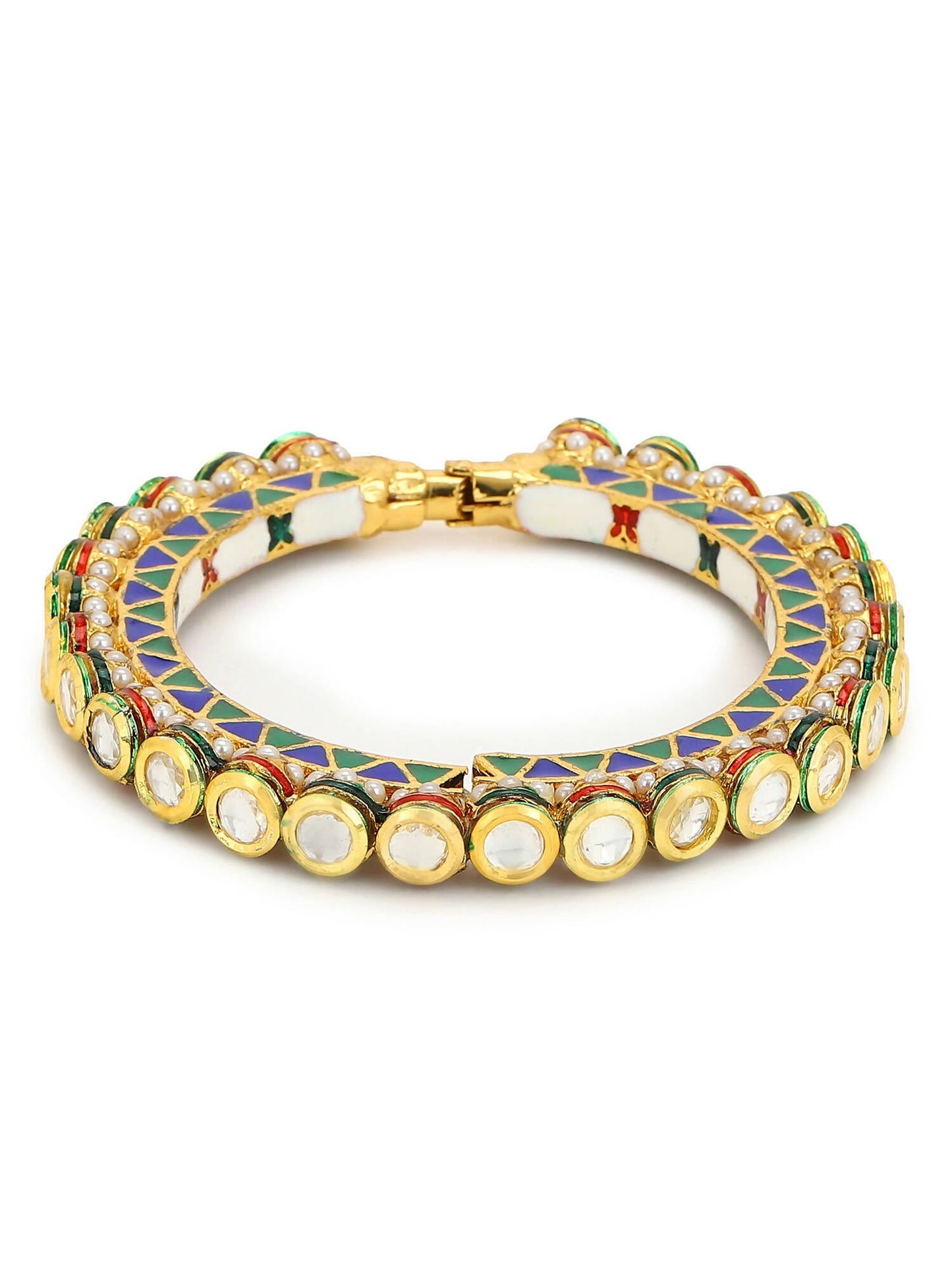 Gold-Polished Stone Studded Meenakari Bangle - Ruby Raang - Swadesiicart