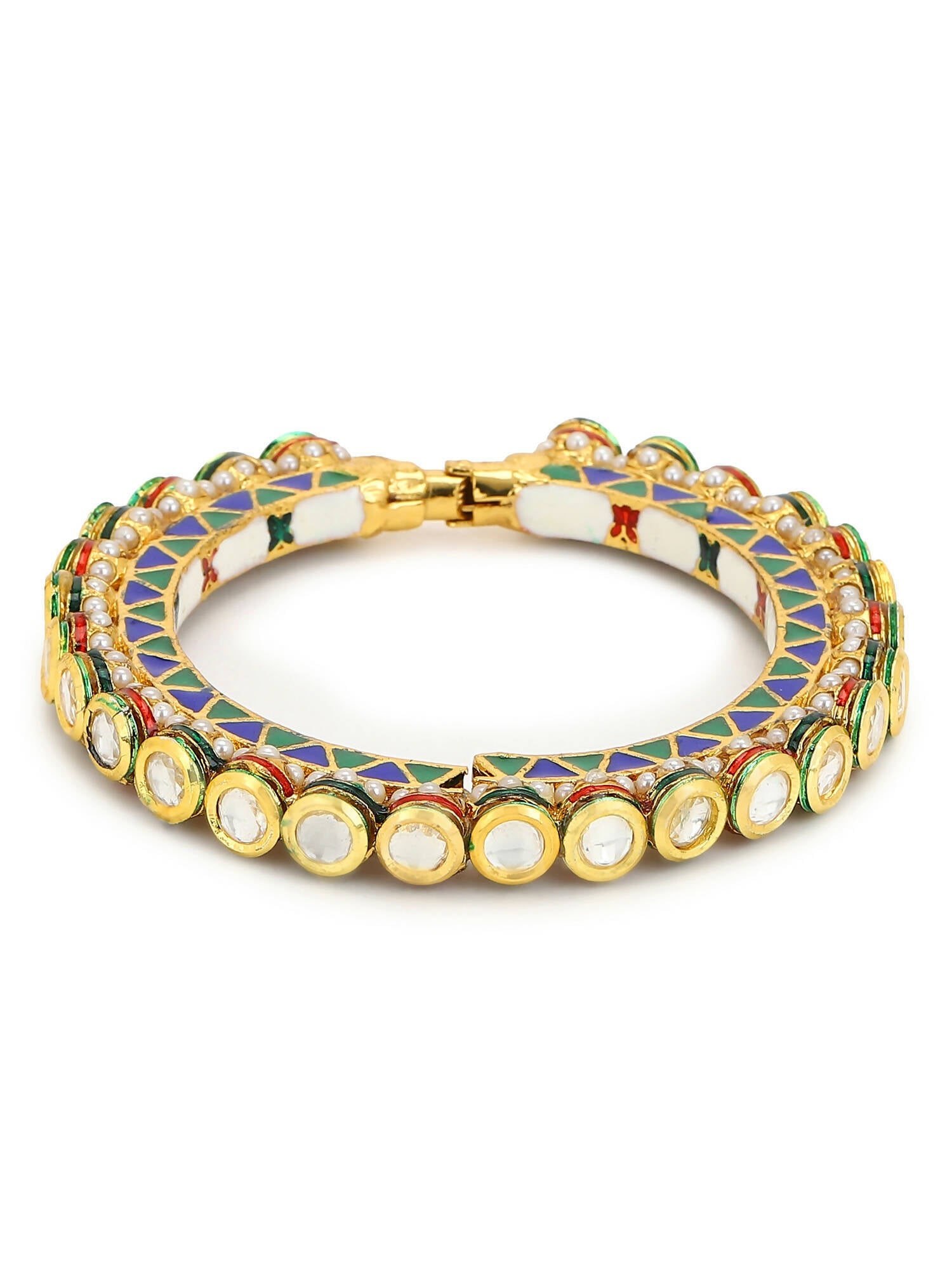 Gold-Polished Stone Studded Meenakari Bangle - Ruby Raang - Swadesiicart