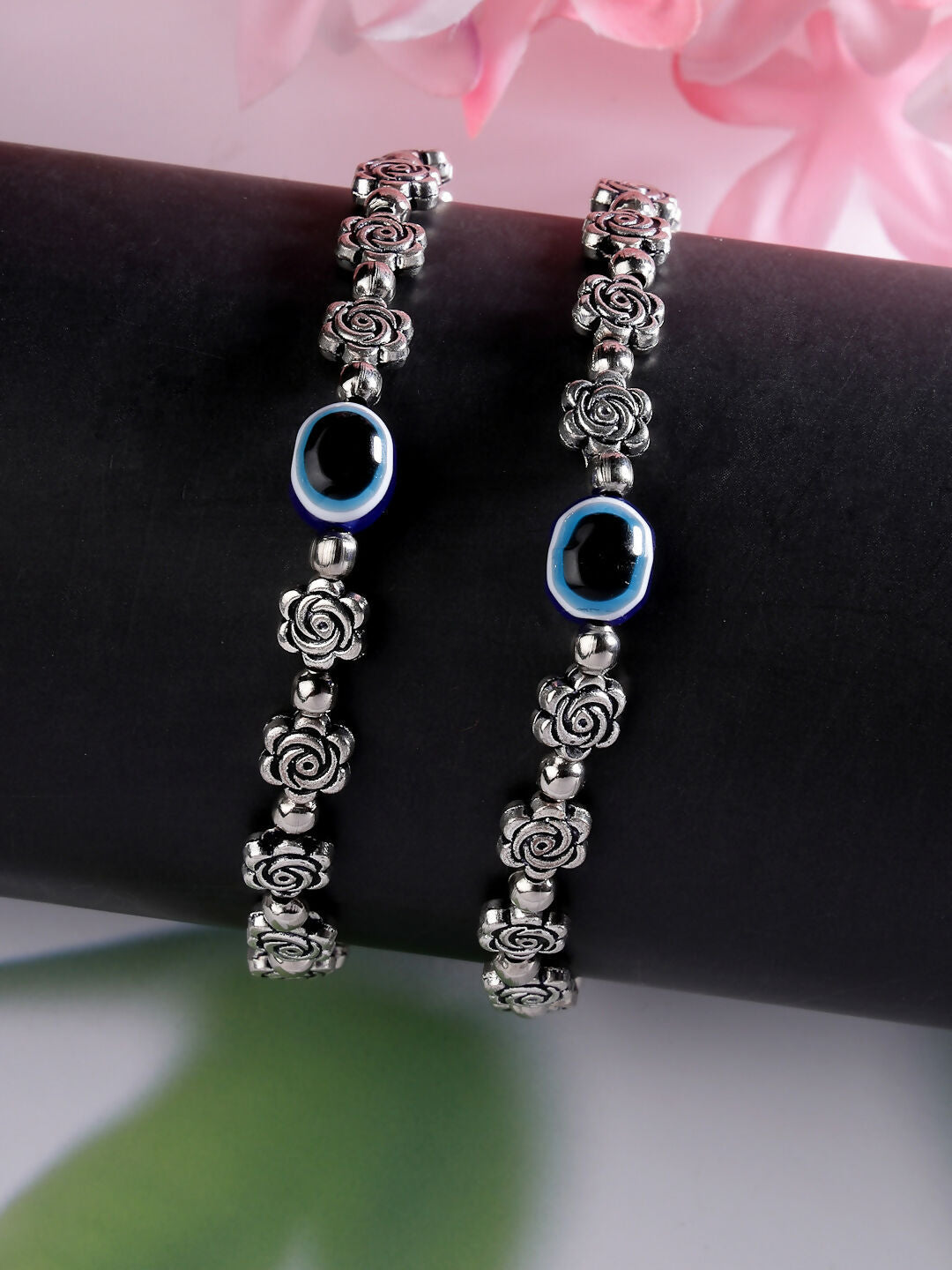 NVR Women's Evil Eye Black Silver Plated Adjustable Anklets | Swadesiicart