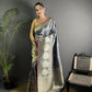 Joban Fashion Dark Grey Banarasi Soft Lichi Silk Paisley Saree | Swadesiicart