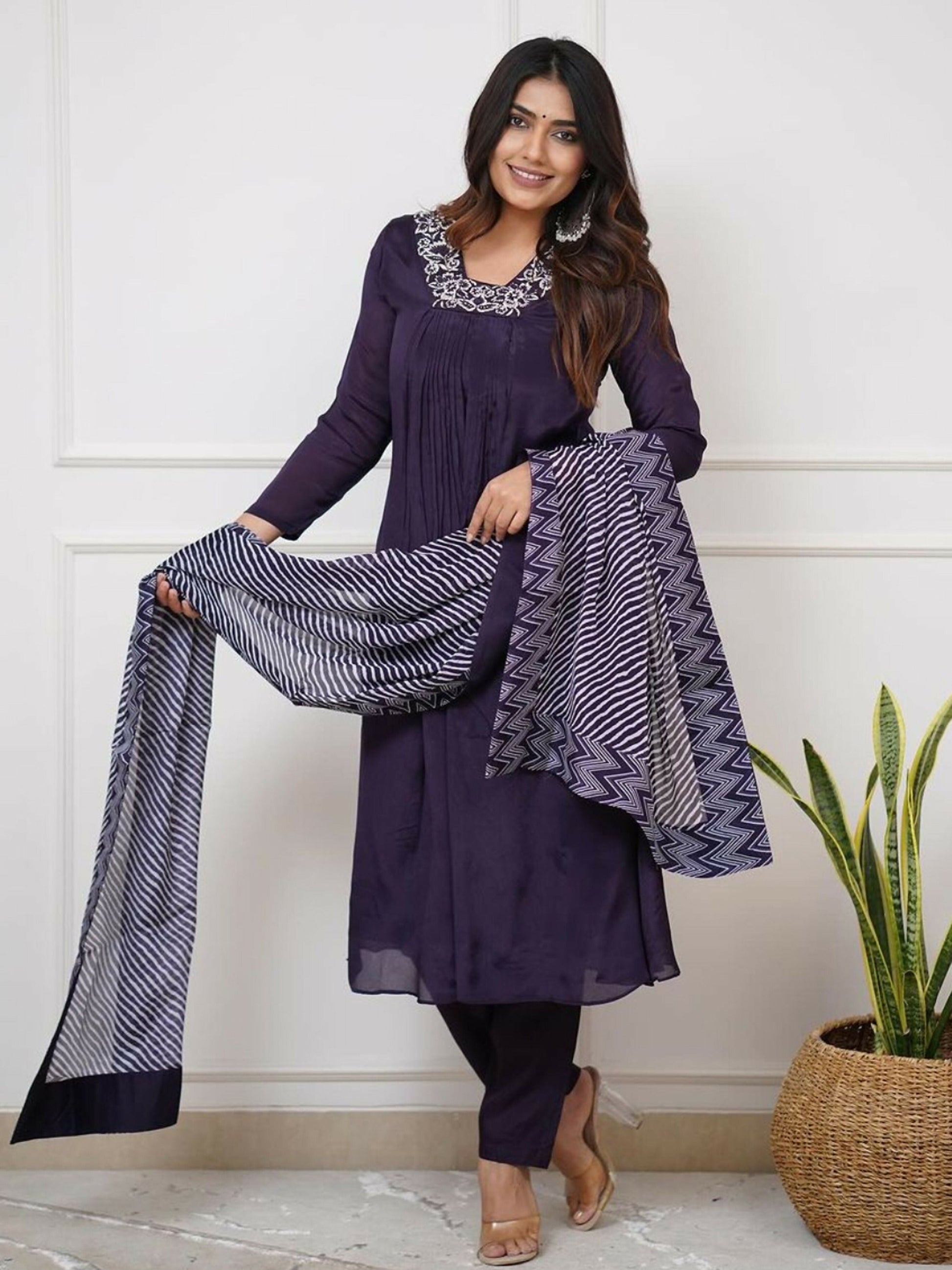 Partywear Designer Viscose Silk With Lining Wine Stitched Suit With Dupatta - Tanisha | Swadesiicart