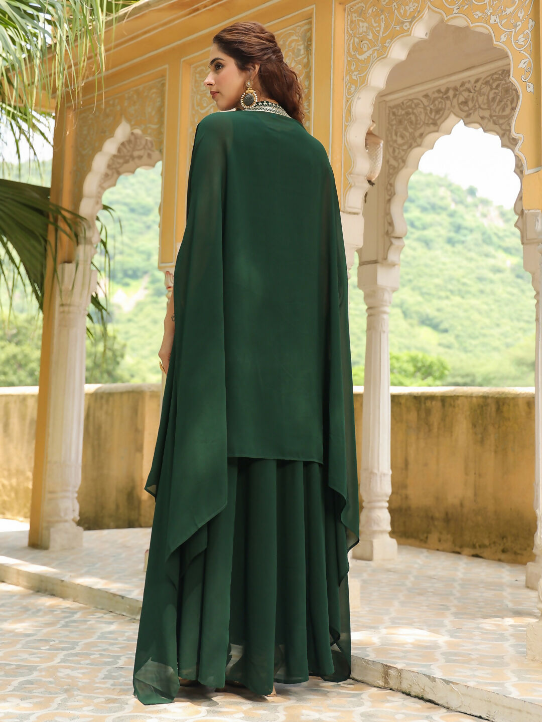 Janasya Dark Green Georgette Embroidered Dress & Jacket | Swadesiicart