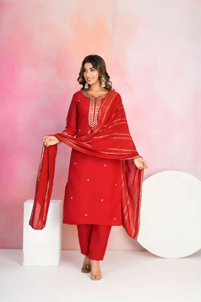 Ethnic Festive Wear Viscose Chanderi Red Stitched Suit With Dupatta - Tanisha | Swadesiicart