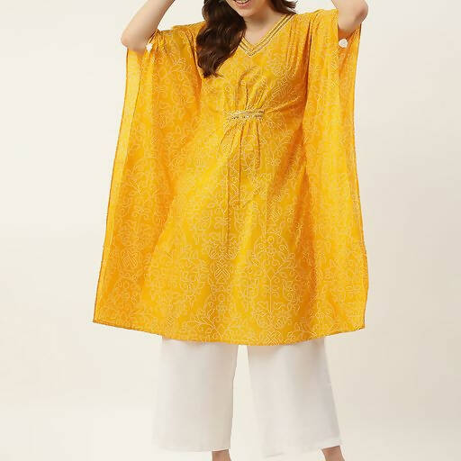 FIORRA Women's Printed Pure Cotton Kaftan Kurta - Yellow - Swadesiicart