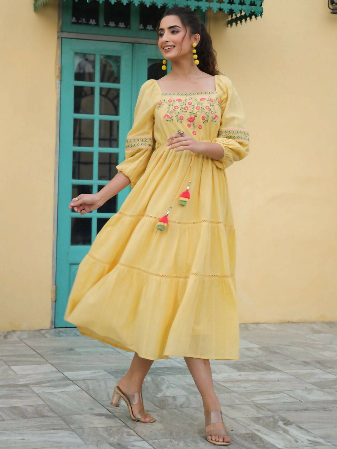Juniper Women's Yellow Cotton Dobby Embroidered Flared Dress | Swadesiicart