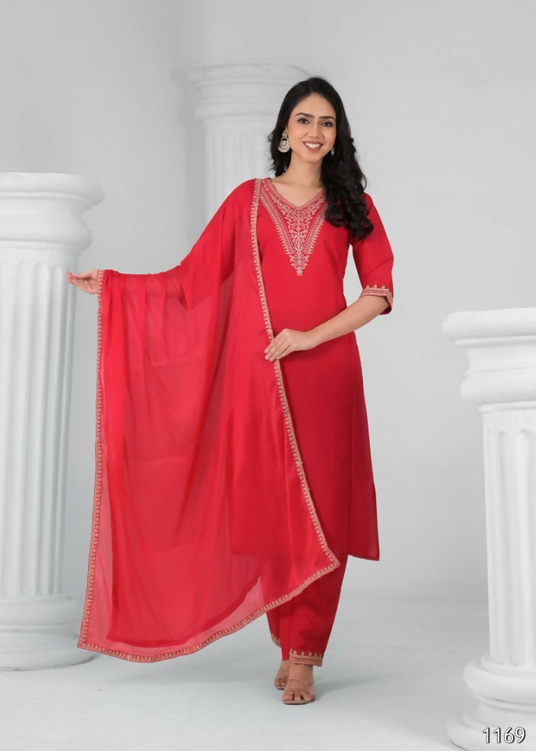 Ethnic Festive Wear Chanderi Viscose Red Stitched Suit With Dupatta - Tanisha | Swadesiicart