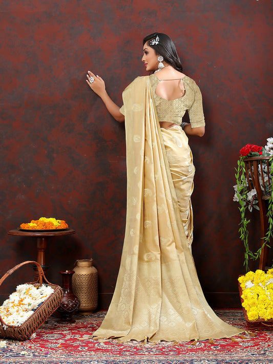 Lorenvalley Fashion Cream Cotton Woven Design with Zari Weaving Design Saree - Swadesiicart