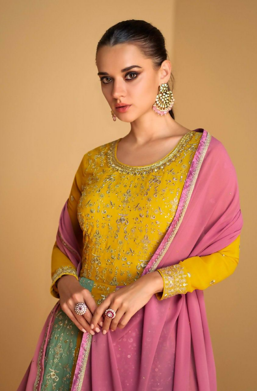 Lorenvalley Fashion Yellow Faux Georgette Embroidery with Sequince Work Gown Stitched | Swadesiicart