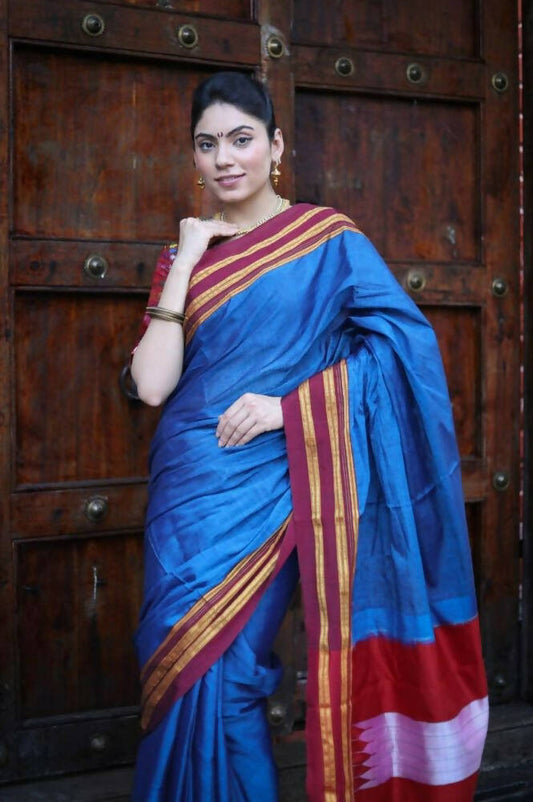 Very Much Indian Handloom Cotton Viscose Ilkal Saree - Royal Blue | Swadesiicart
