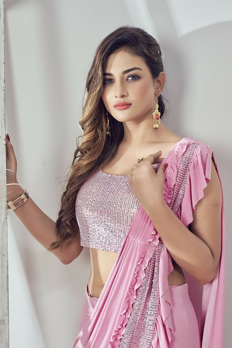 Mahotsav Women's Pink Lycra Embellished Ready To Wear Saree With Stitched Blouse | Swadesiicart