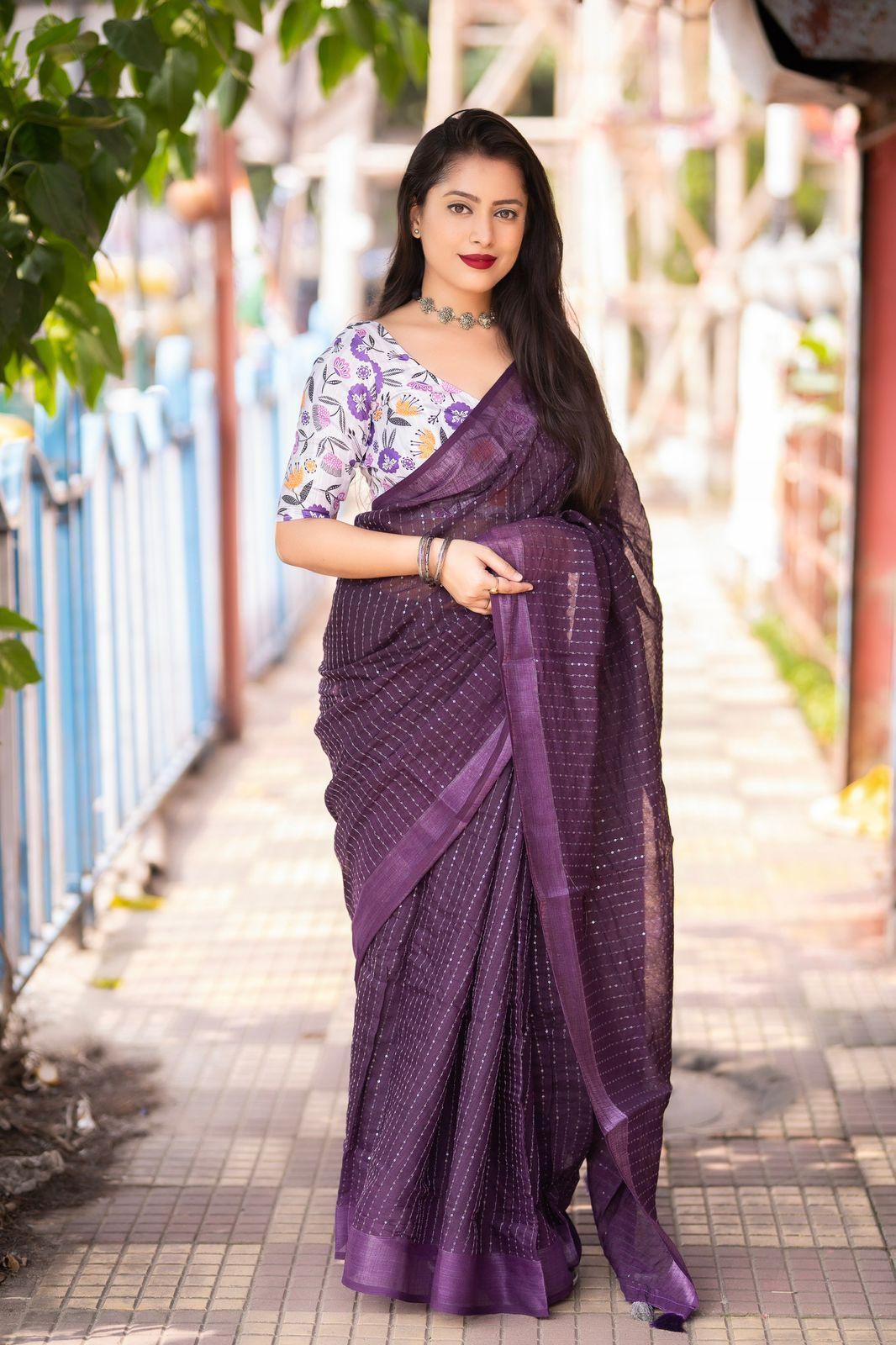 Purple Linen Sequence Saree with Unstitched Blouse - Hiral Fashion | Swadesiicart