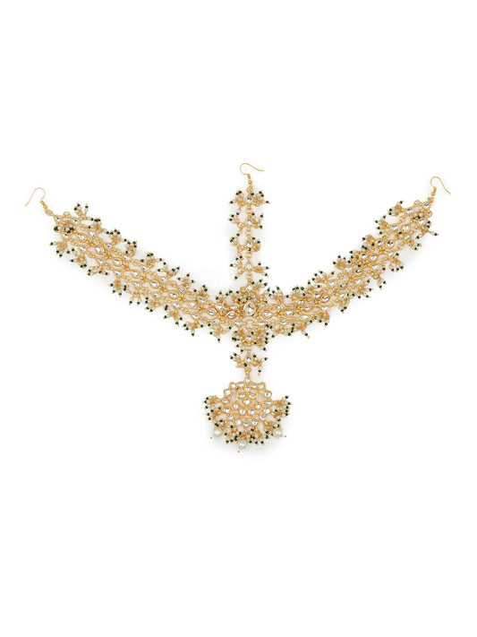Gold-Polished White Green Kundan-Studded Pearl Beaded Matha Patti - Ruby Raang | Swadesiicart