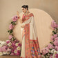 Vishnu Weaves Women's White Paithani Silk Saree with Blouse - Swadesiicart