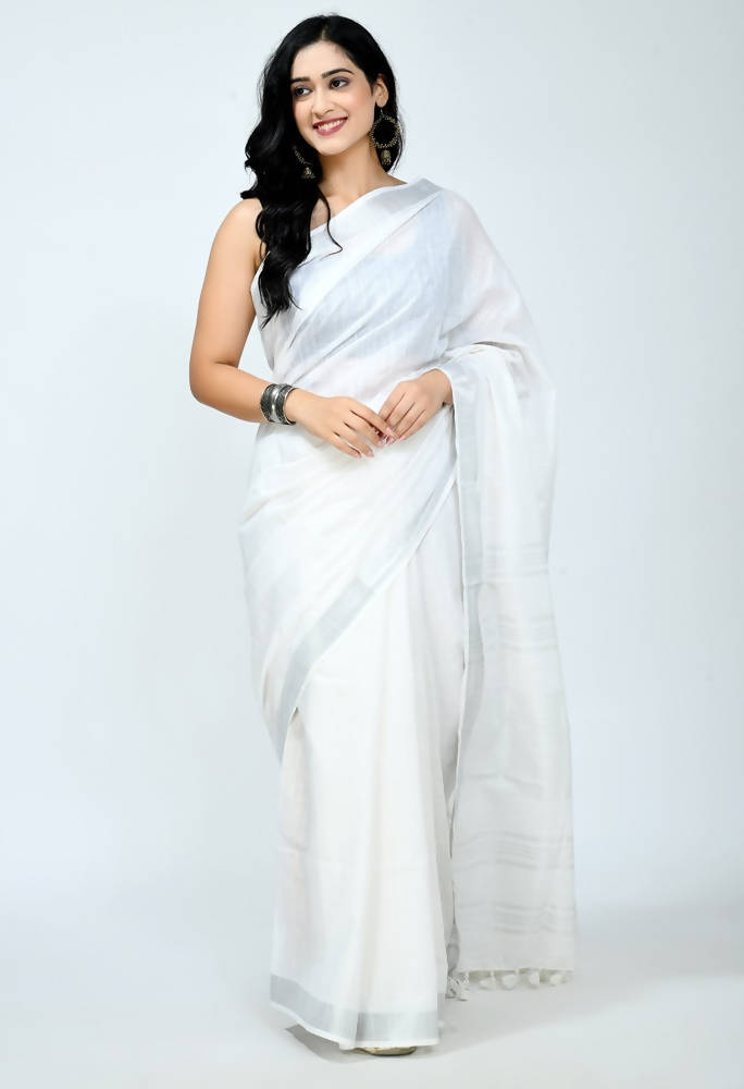 Mominos Fashion Moeza Bhagalpuri Handloom Silk White Saree | Swadesiicart