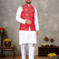 Anaita Red Cotton Straight Kurta Pajama & Koti With Jequard Work