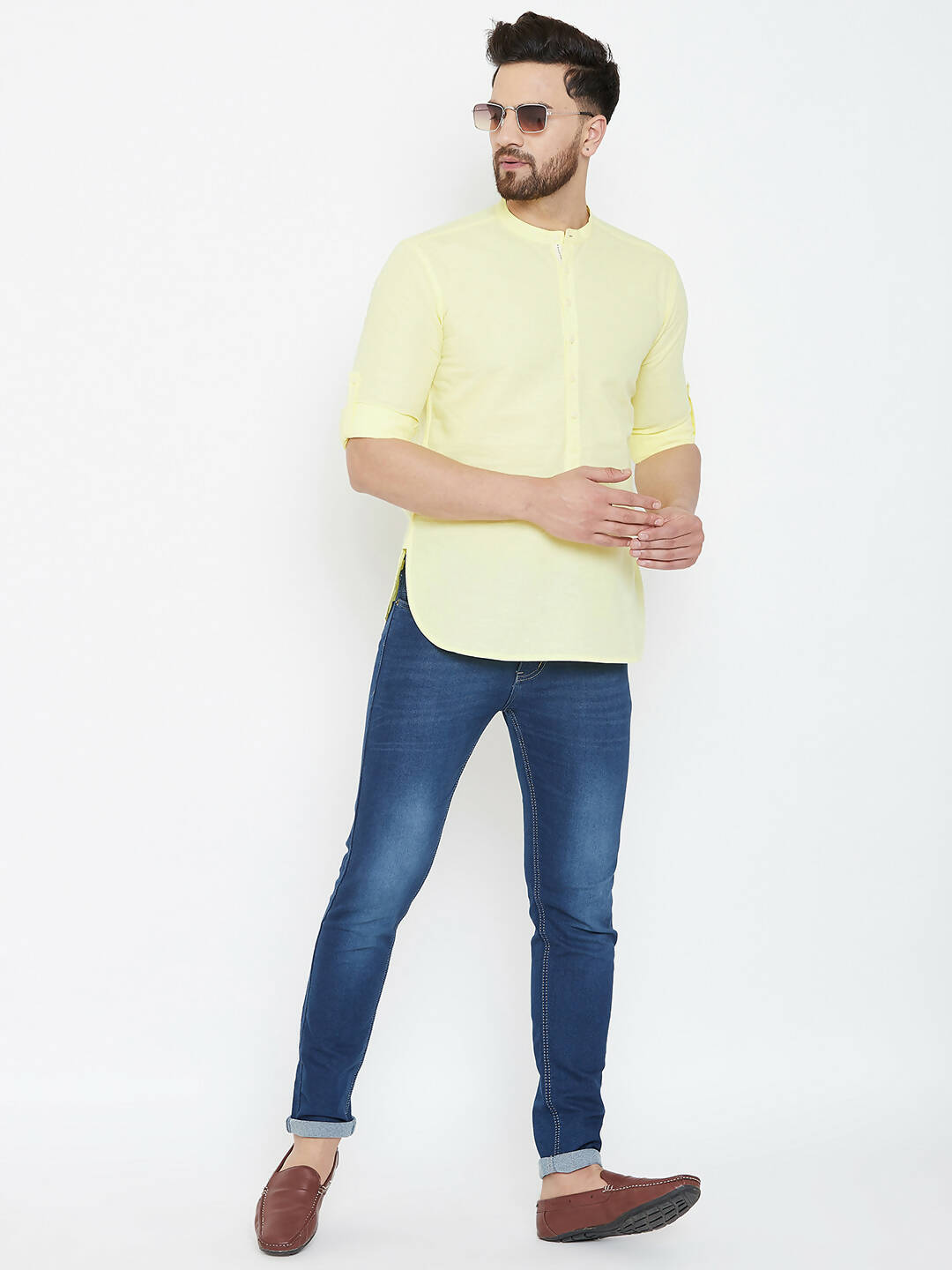 Even Apparels Yellow Color Band Collar Pure Cotton Men's Kurta | Swadesiicart