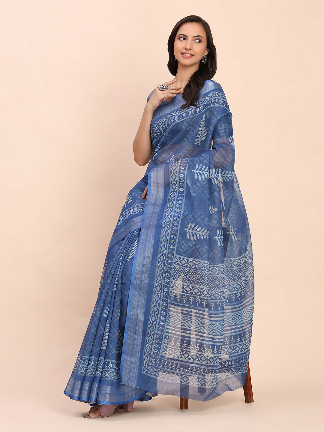 Shree Shyam Fashion Linen Cotton Indigo Blue Saree