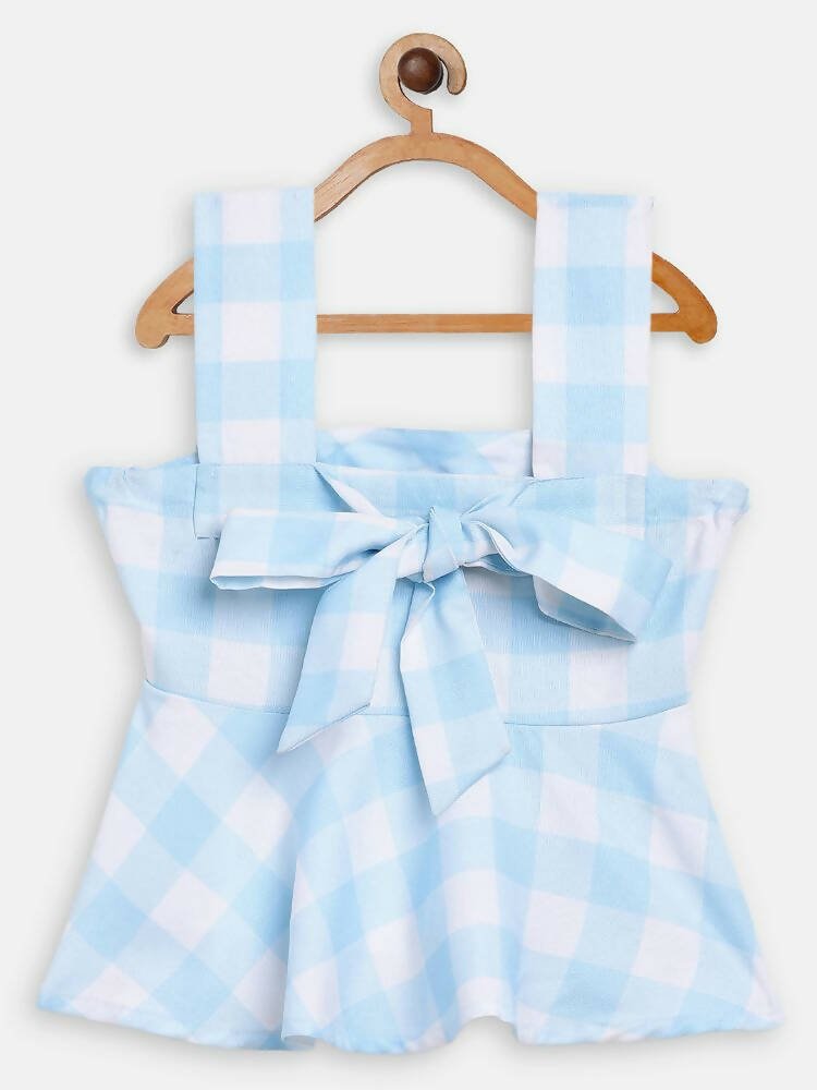 Ahalyaa Sky Blue Rayon Checked Kids Top With Skirts For Girls | Swadesiicart