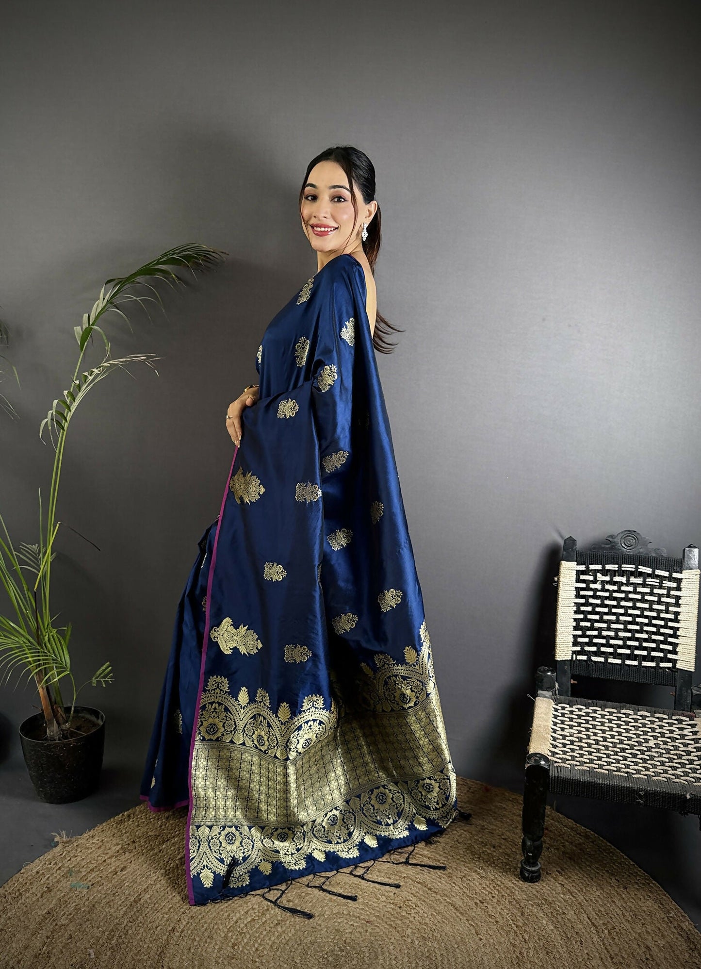 Joban Fashion Navy Blue Banarasi Lichi Silk Gold Zari Meena Saree | Swadesiicart