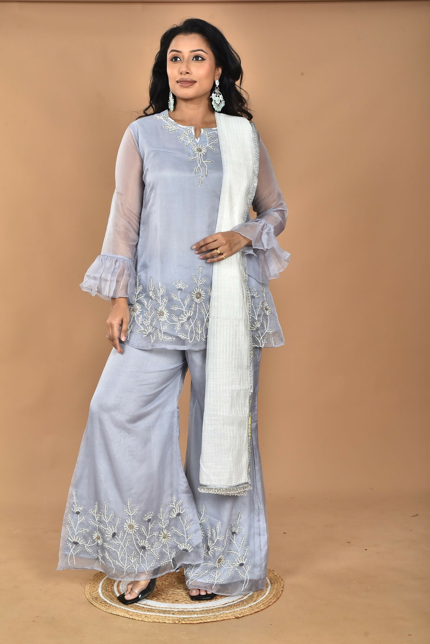 Morchari Women And Hand Embroidery Palazzo Set-Grey - Swadesiicart