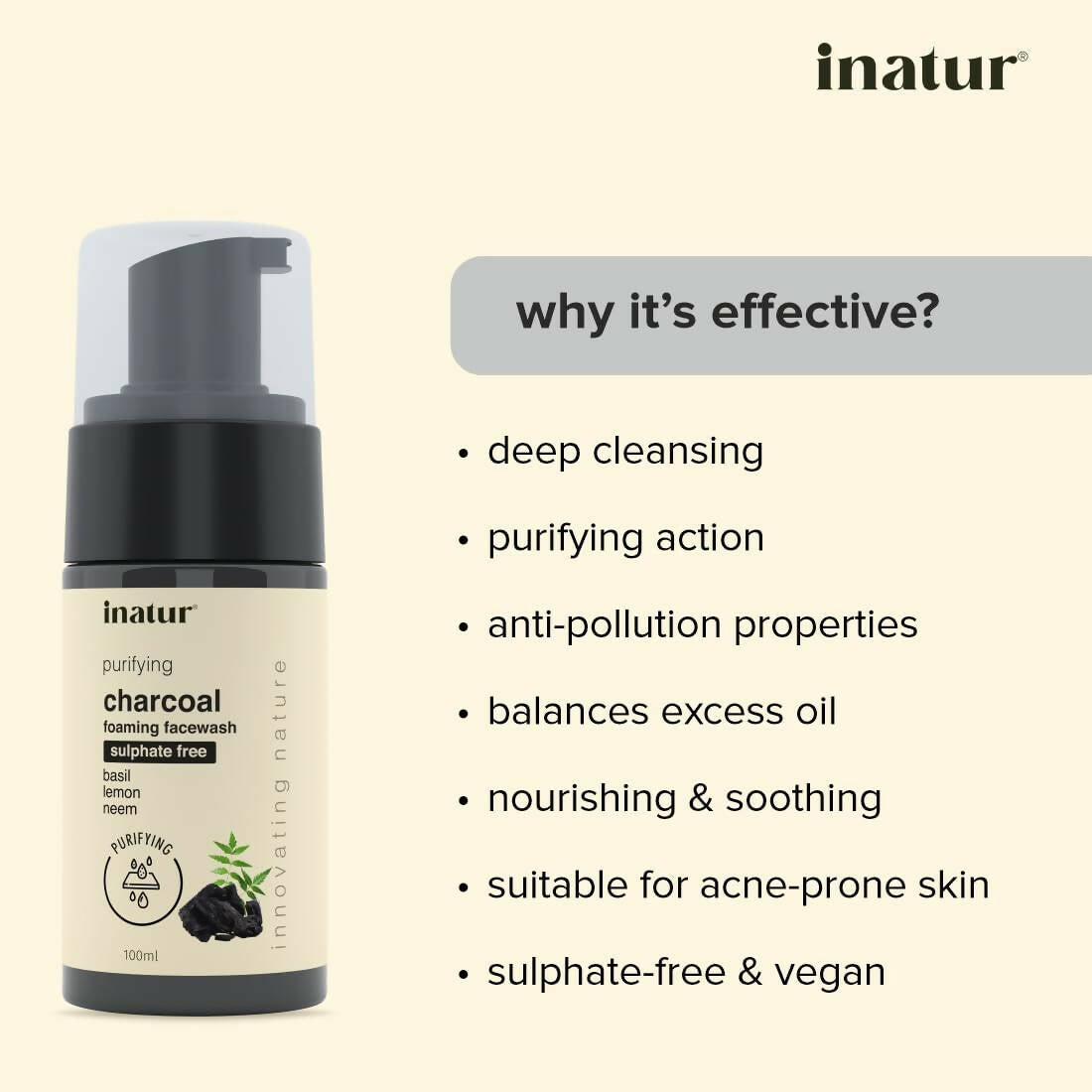 Inatur Charcoal Foaming Face Wash - Swadesiicart