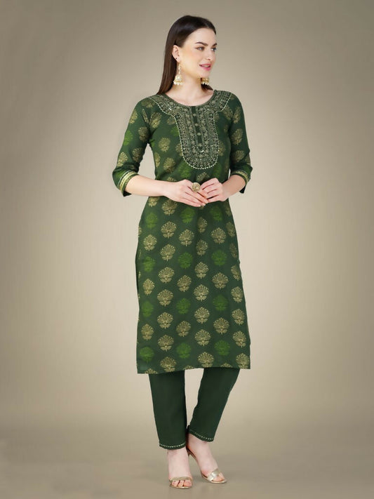 Jyoti Fashion Women's Dark Green Cotton Magic Slub Embroidery & Sequence work Kurta with Trouser & Dupatta