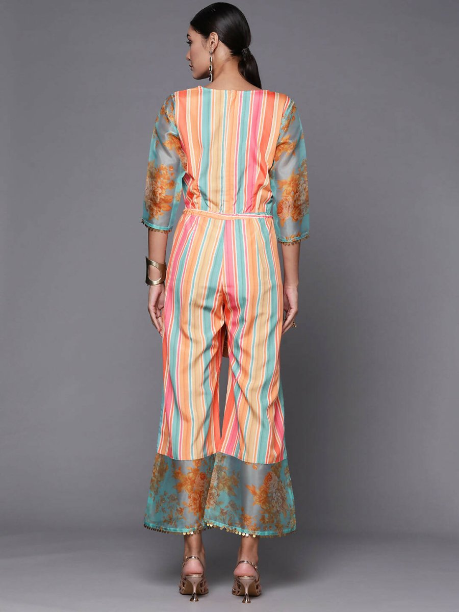 Ahalyaa Coral Orange & Blue Candy Striped Basic Jumpsuit - Swadesiicart
