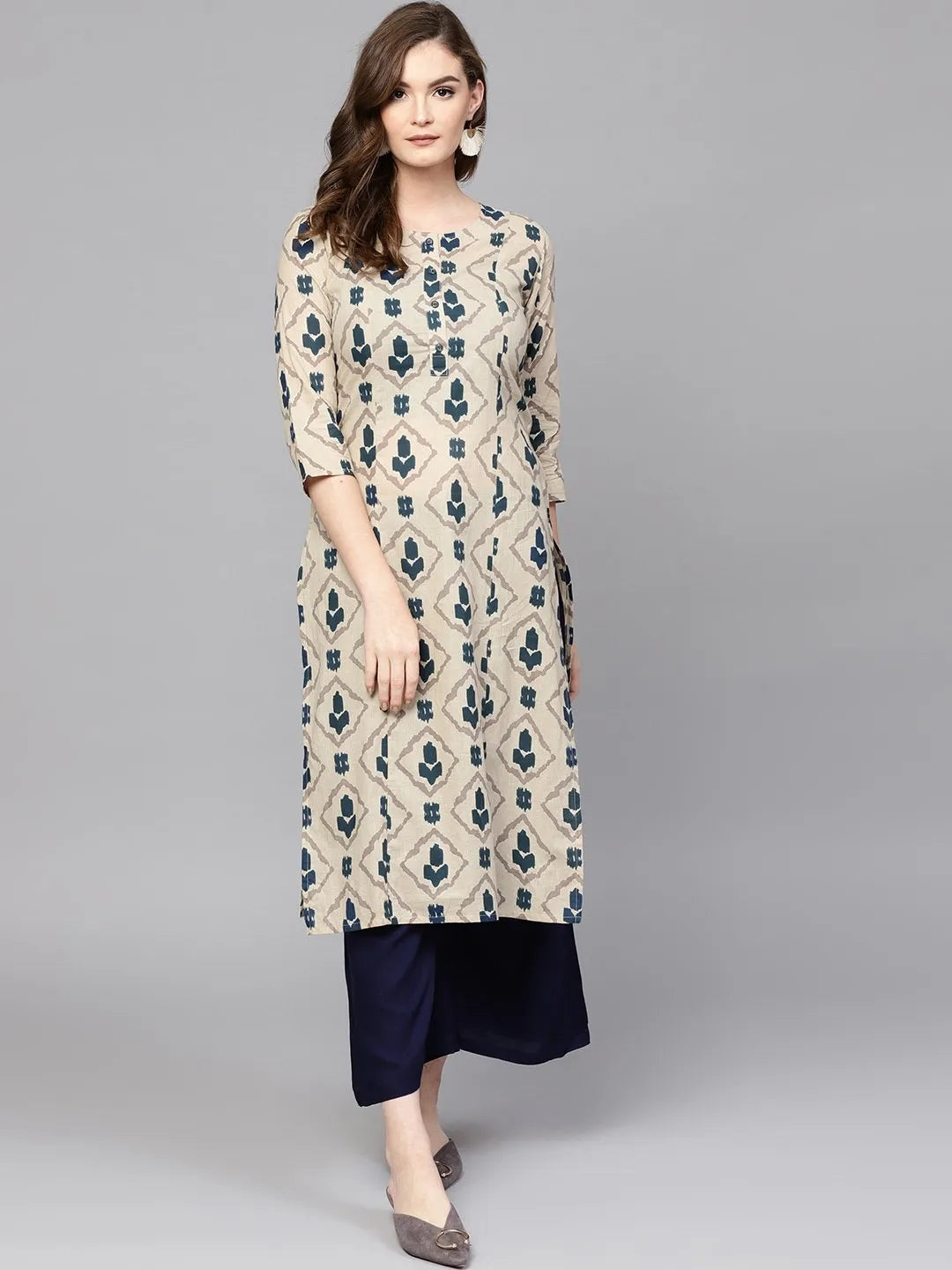 Yufta Beige & Navy Blue Printed Pure Cotton Kurta - Swadesiicart