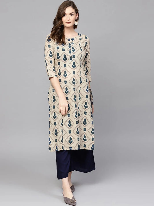 Yufta Beige & Navy Blue Printed Pure Cotton Kurta - Swadesiicart