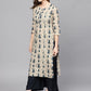 Yufta Beige & Navy Blue Printed Pure Cotton Kurta - Swadesiicart