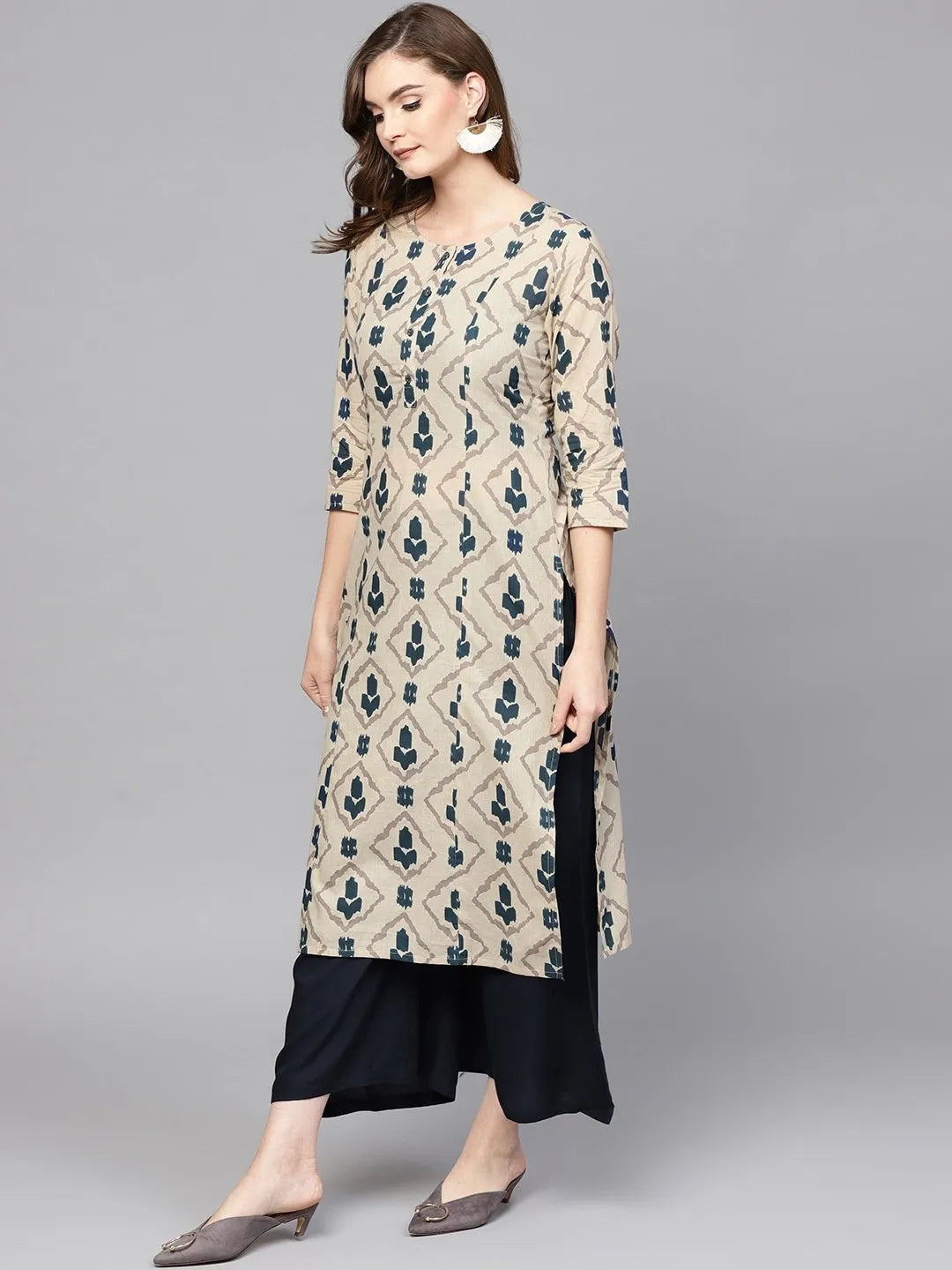 Yufta Beige & Navy Blue Printed Pure Cotton Kurta - Swadesiicart