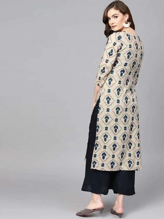 Yufta Beige & Navy Blue Printed Pure Cotton Kurta - Swadesiicart