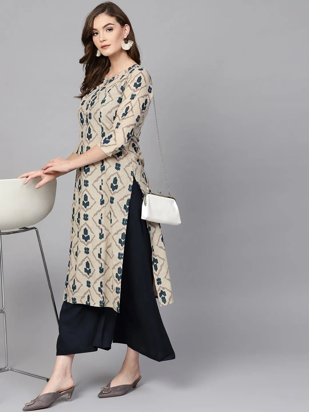 Yufta Beige & Navy Blue Printed Pure Cotton Kurta - Swadesiicart