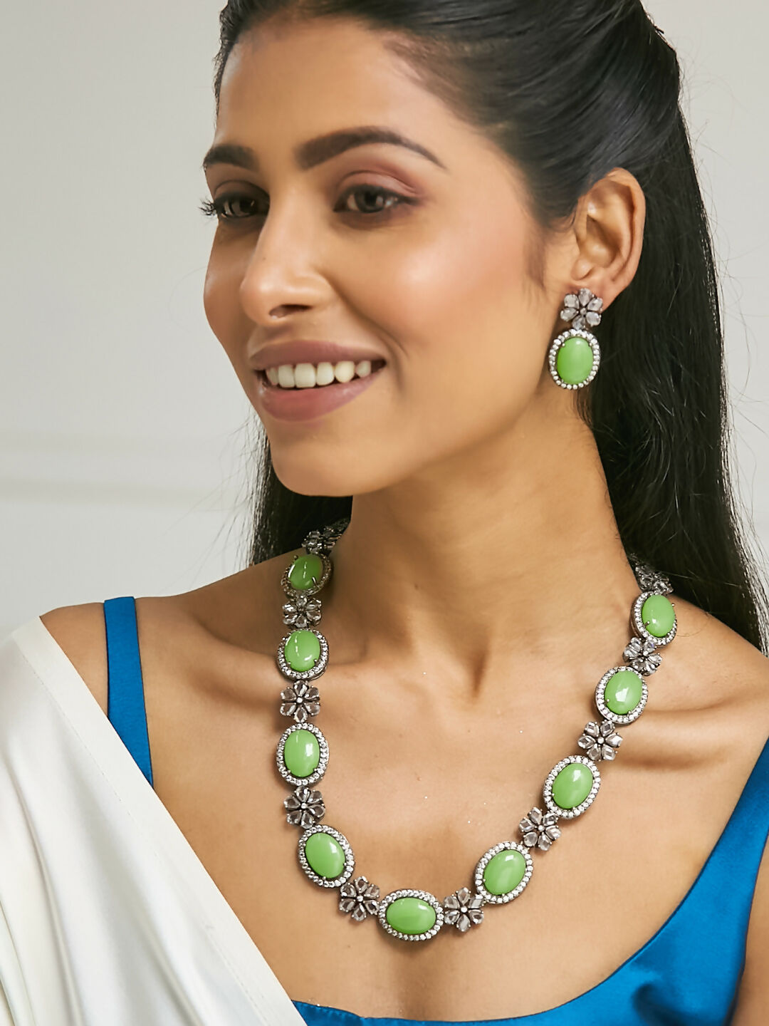 Nuyug Antique Silver Plated Crystal Studded Faux Jade Stones Embellished Necklace Set | Swadesiicart