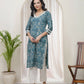 Vaasva Women Ferozi Cotton Printed Straight Kurti With Pant - Swadesiicart