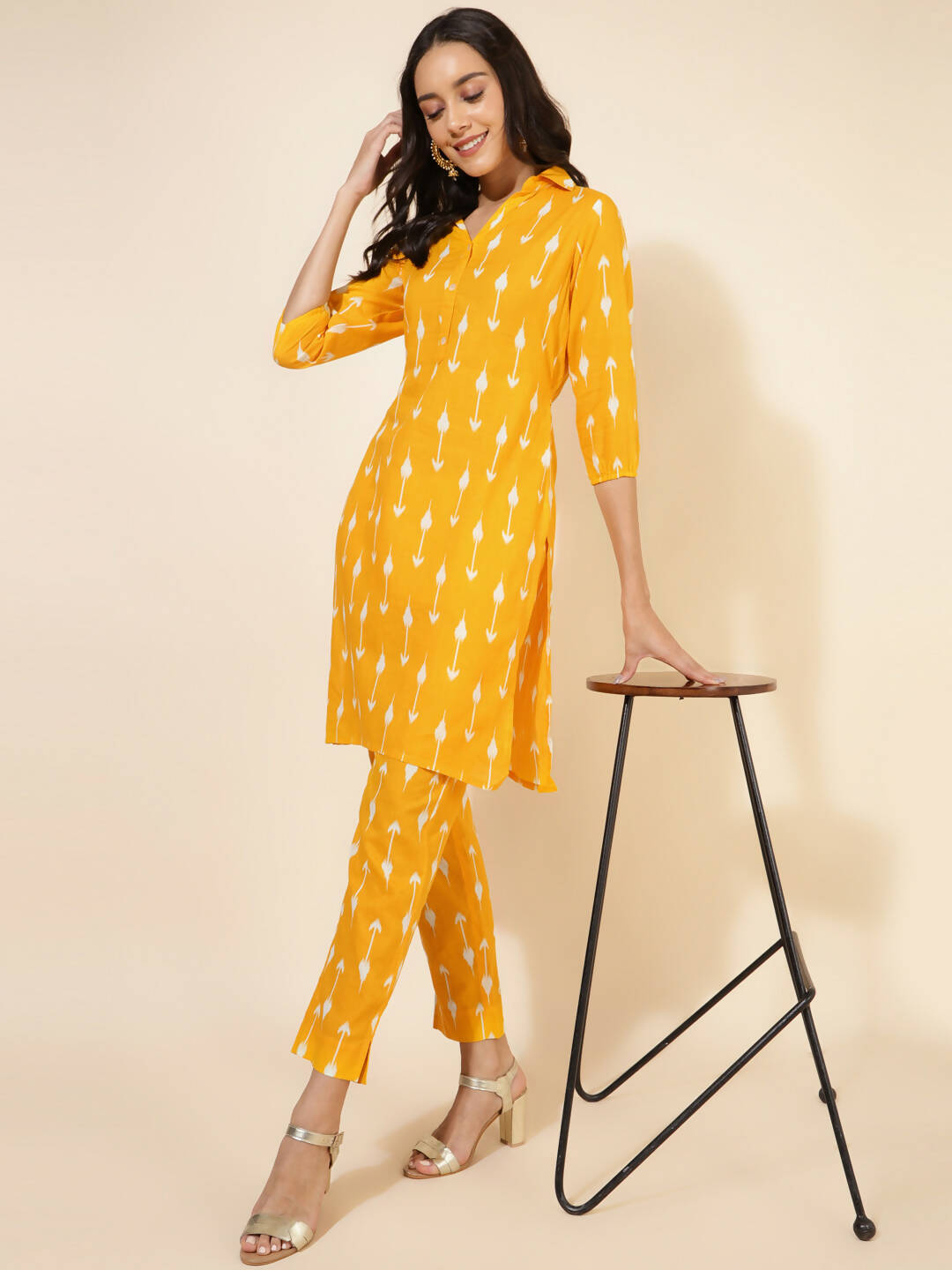 Janasya Women's Yellow Cotton Ikkat Printed Casual Straight Co-ords - Swadesiicart