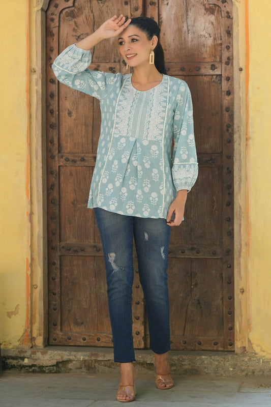 Juniper Women's Skyblue Cambric Placement Floral Printed Tunic | Swadesiicart