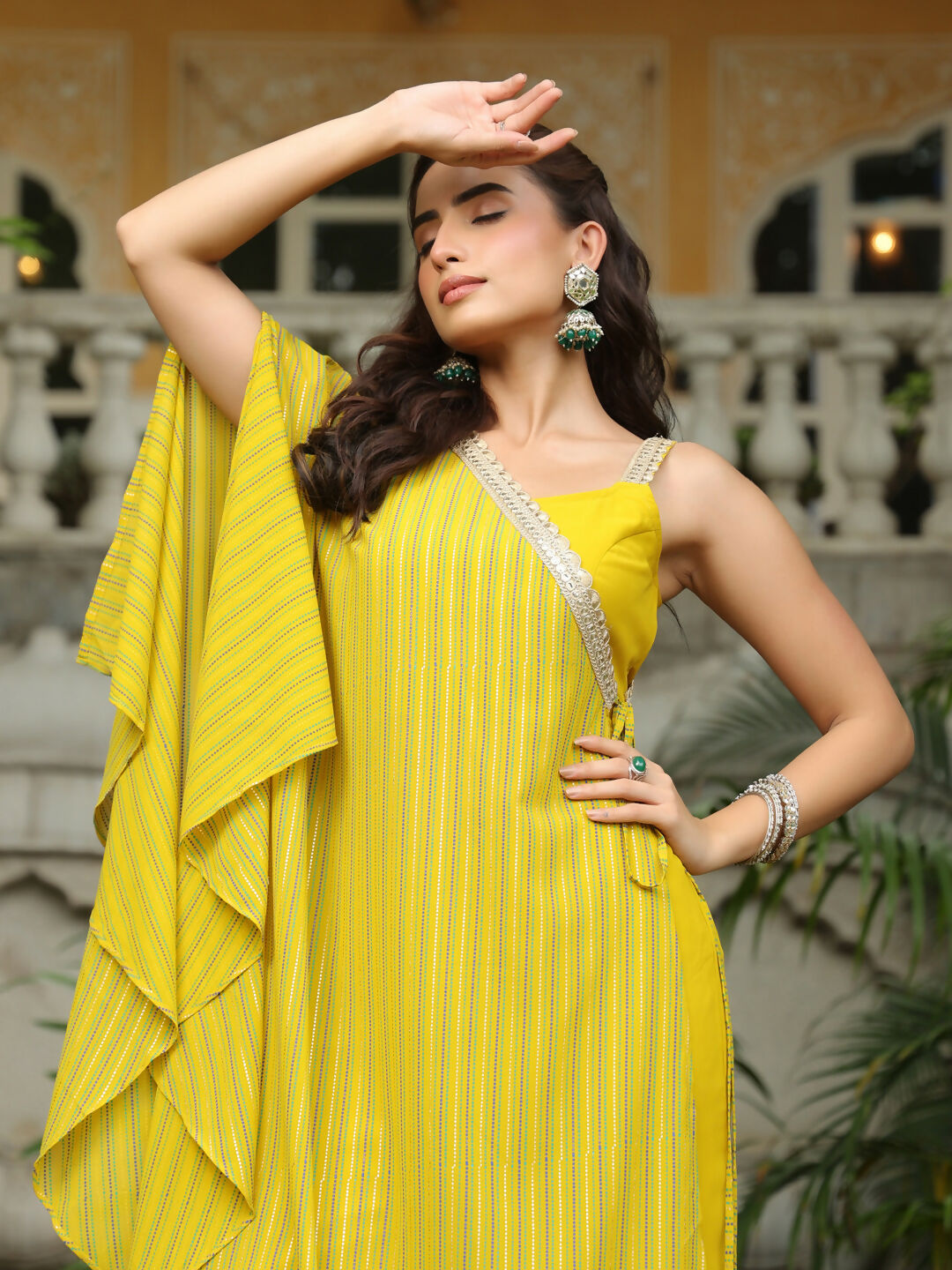 Janasya Yellow Georgette Solid Top Bottom Cape | Swadesiicart