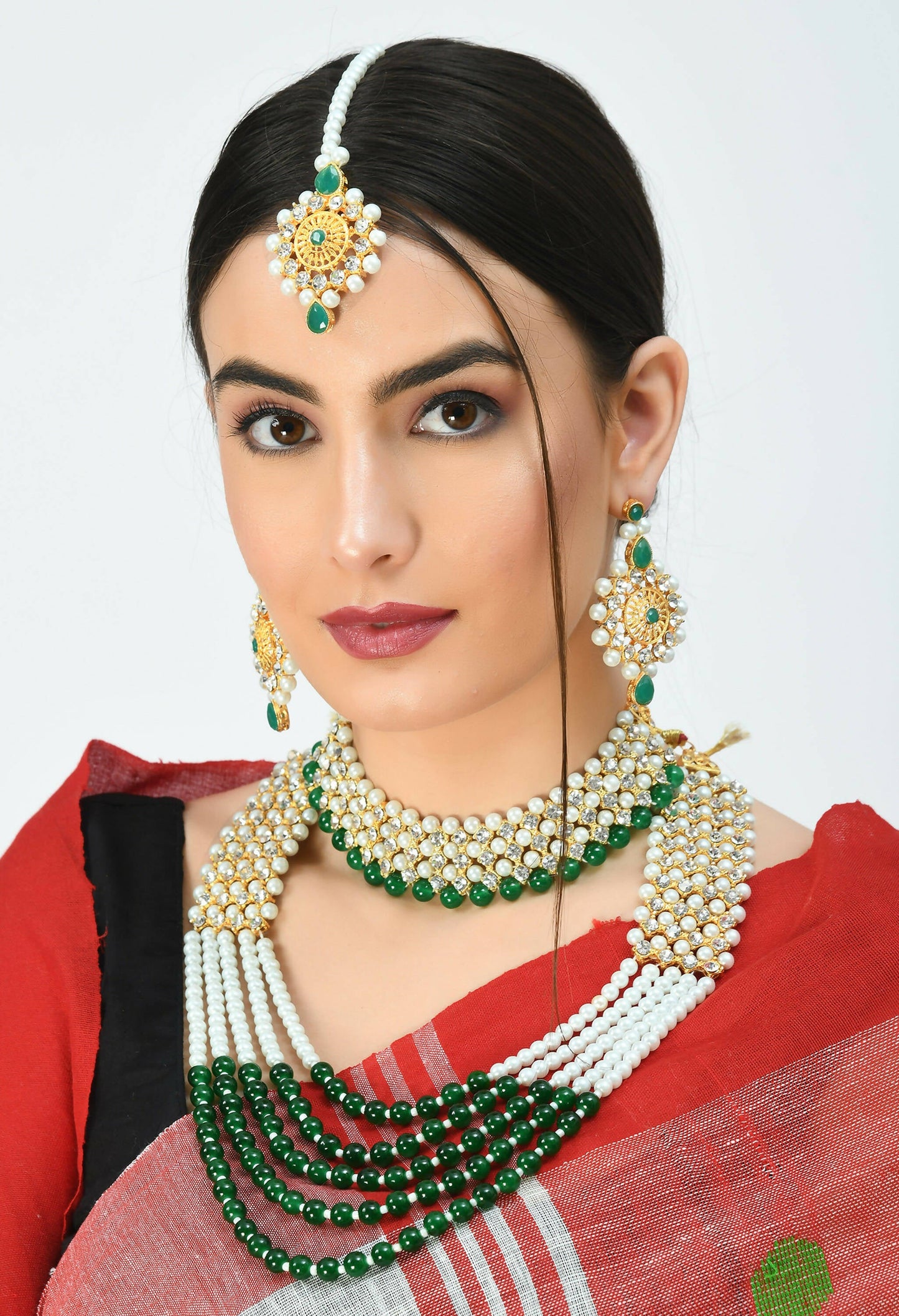 Mominos Fashion Johar Kamal Gold-Polished Rani Haar with Cream Green and Off white Pearls Jewellery Set - Swadesiicart