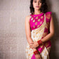DEIANA'S Beautiful Designer Golden zari Soft Lichi Silk Saree - White - Swadesiicart