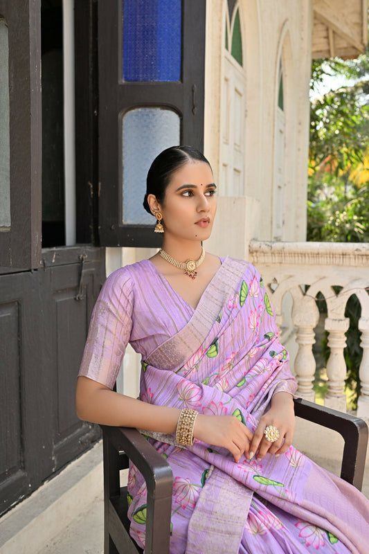Vishnu Weaves Women's Purple Banarasi Silk Saree with Blouse - Swadesiicart