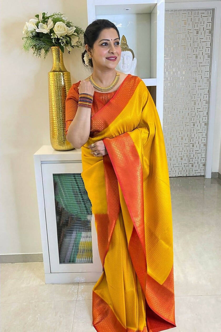 DEIANA'S Beautiful Designer Golden zari Soft Lichi Silk Saree - Yellow - Swadesiicart