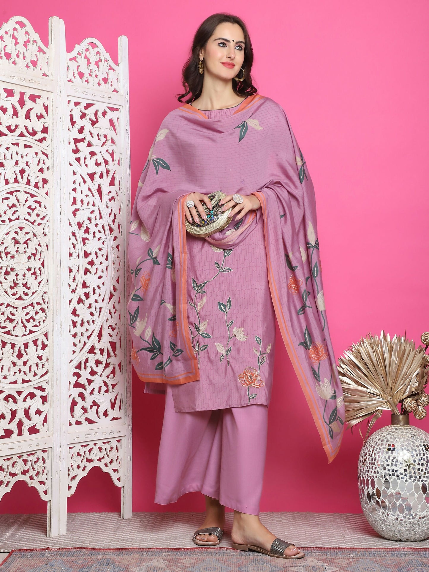 Jyoti Fashion Women's Purple Muslin Floral Print with Jari & Crystal work Kurta with Trouser & Dupatta | Swadesiicart